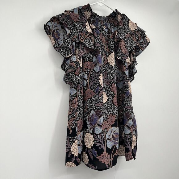 DR2 Womens S Mock Neck Dark Floral Flutter Sleeve Blouse Boho Hippie Festival - Picture 3 of 12